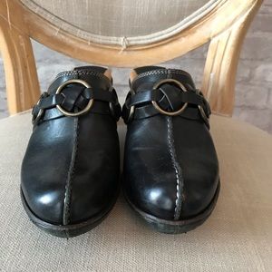 Frye Black clogs with braid trim